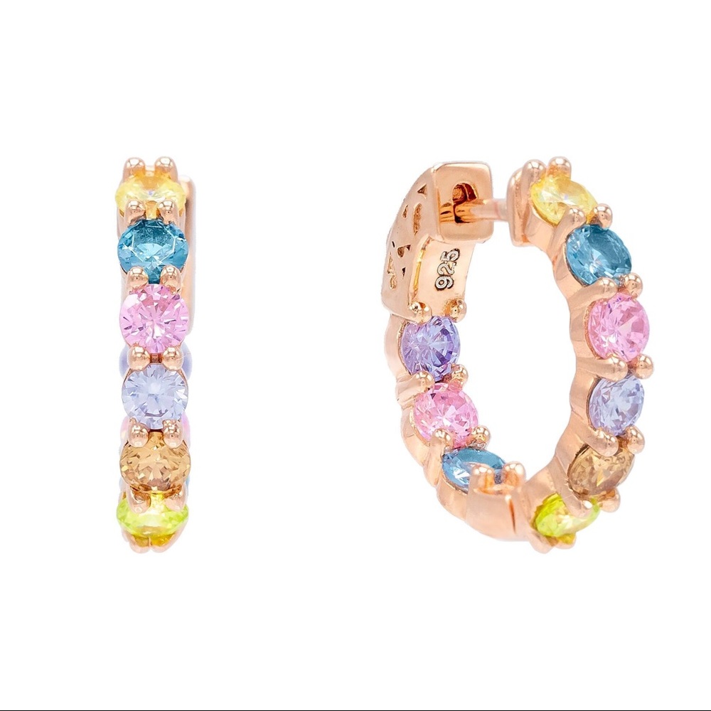 Adina Eden Rose Gold Hoop Earrings with Blue, Pink, Purple, Yellow, Green Stones